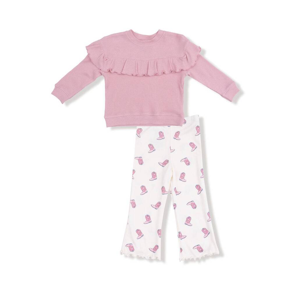 NEW ANGEL DEAR girls v-ruffle waffle top and rib flare pant set in petite cowgir